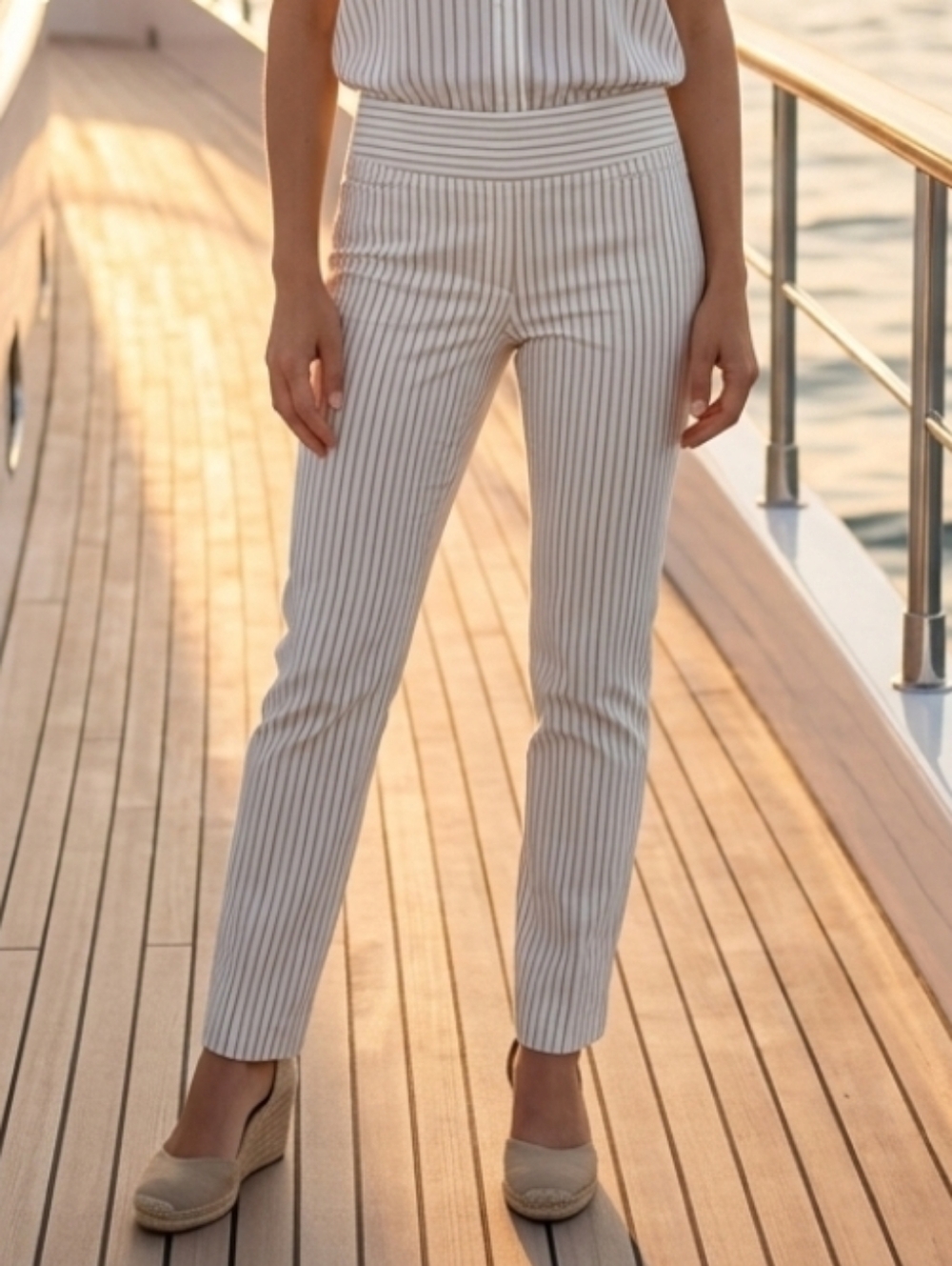 Anne Klein Cream and White Vertical Stripe Skinny Pants